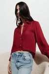 Long Sleeve Button Down Satin Crop Top Red