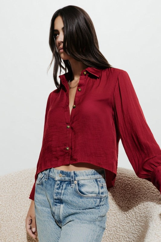 Long Sleeve Button Down Satin Crop Top Red