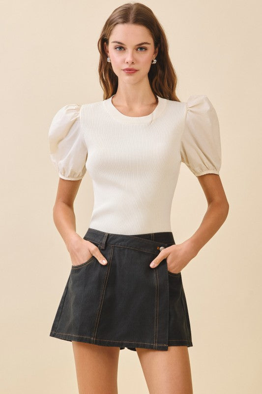 Short Puff Sleeve Knit Top Cream