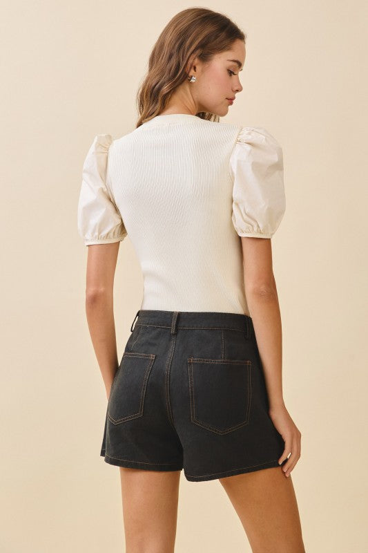Short Puff Sleeve Knit Top Cream