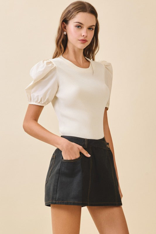Short Puff Sleeve Knit Top Cream