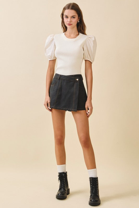 Short Puff Sleeve Knit Top Cream