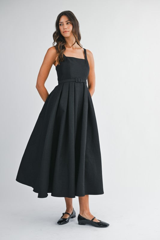 Sleeveless A-Line Belted Midi Dress Black