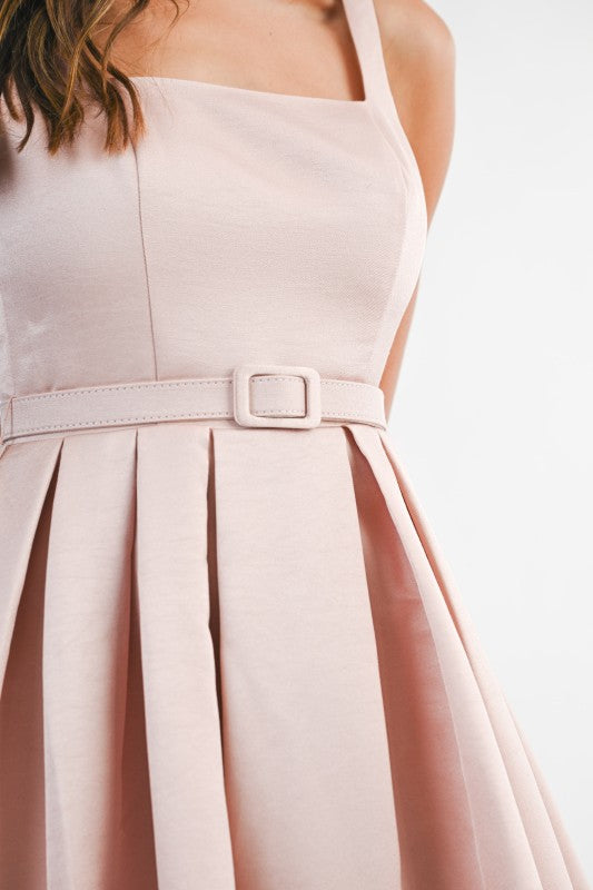Sleeveless A-Line Belted Midi Dress Pink