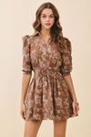 Long Sleeve Floral Print Mini Dress Brown