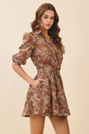 Long Sleeve Floral Print Mini Dress Brown