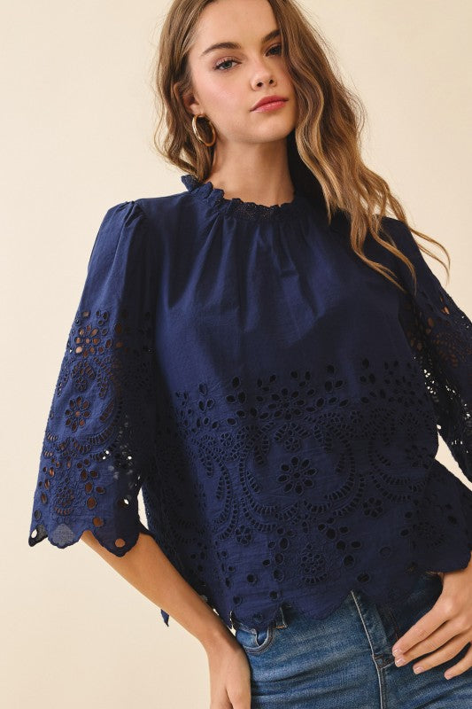 3/4 Sleeve Floral Eyelet Embroidered Top Navy