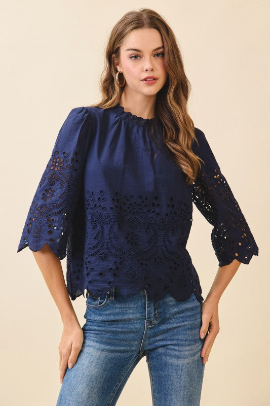 3/4 Sleeve Floral Eyelet Embroidered Top Navy