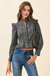  Long Puff Sleeve Button Down Plaid Print Peplum Top Black