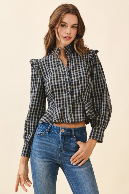  Long Puff Sleeve Button Down Plaid Print Peplum Top Black