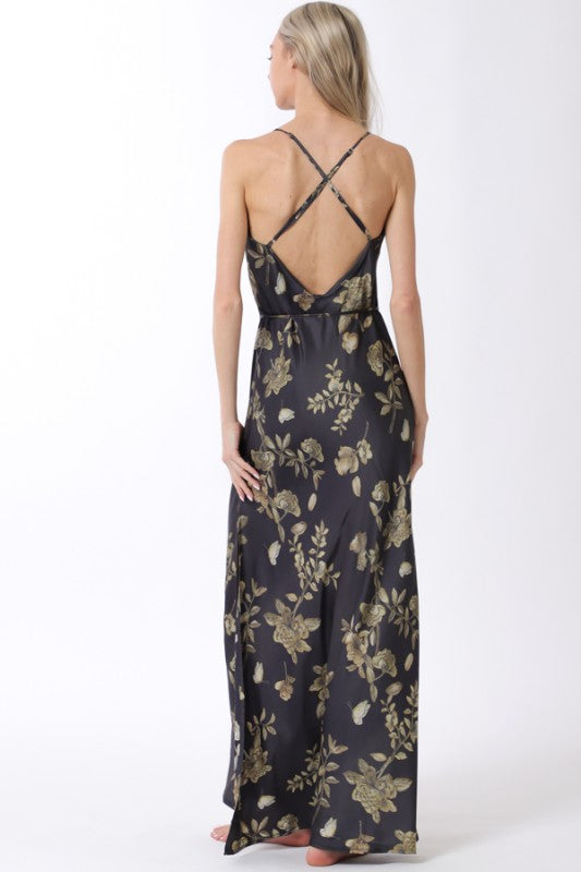 Sleeveless Waist Tie Floral Print Maxi Dress Black
