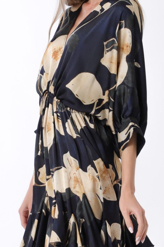 3/4 Dolman Sleeve Floral Print Mini Dress Navy