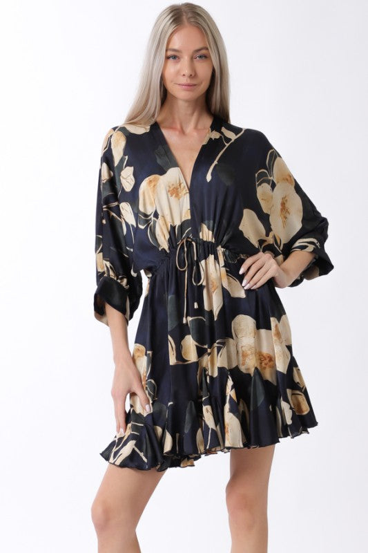 3/4 Dolman Sleeve Floral Print Mini Dress Navy