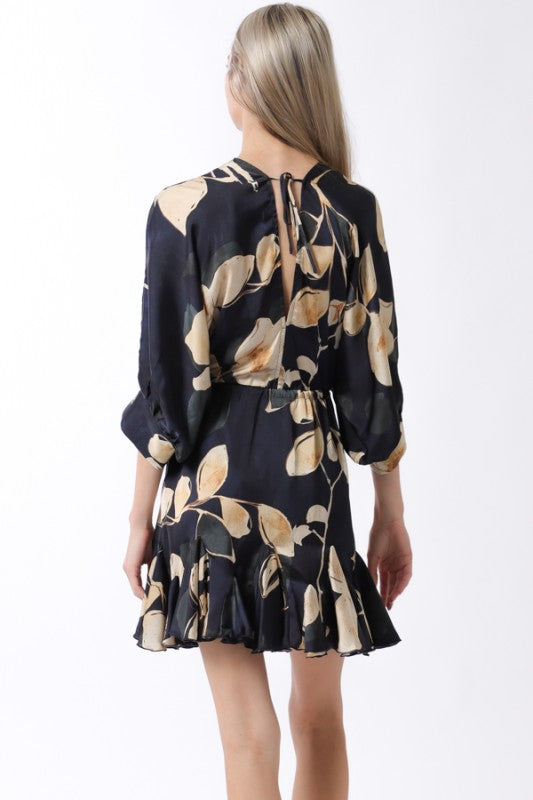 3/4 Dolman Sleeve Floral Print Mini Dress Navy
