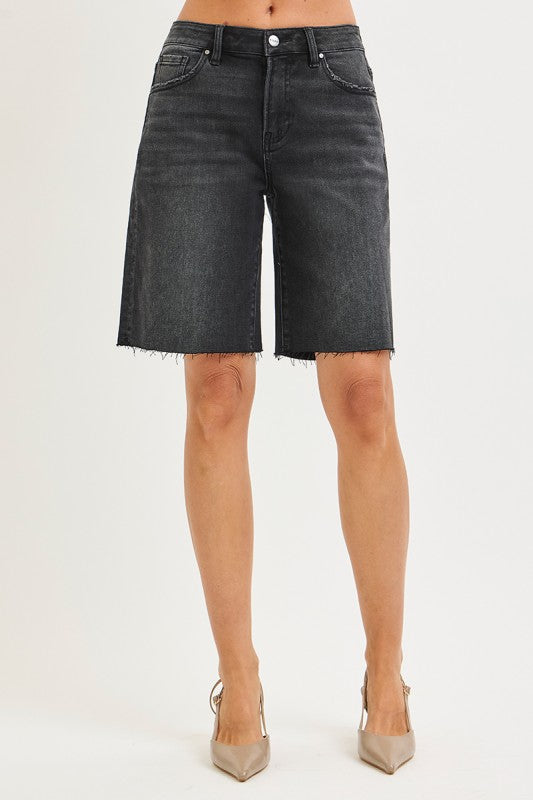 High Rise Raw Hem Denim Bermuda Shorts Black