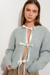 Michelle Long Sleeve Satin Bow Tie Knit Cardigan Blue