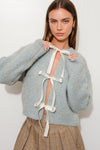 Michelle Long Sleeve Satin Bow Tie Knit Cardigan Blue