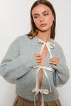 Michelle Long Sleeve Satin Bow Tie Knit Cardigan Blue