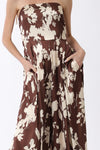Sleeveless Back Tie Floral Print Wide Leg Jumpsuit Brown