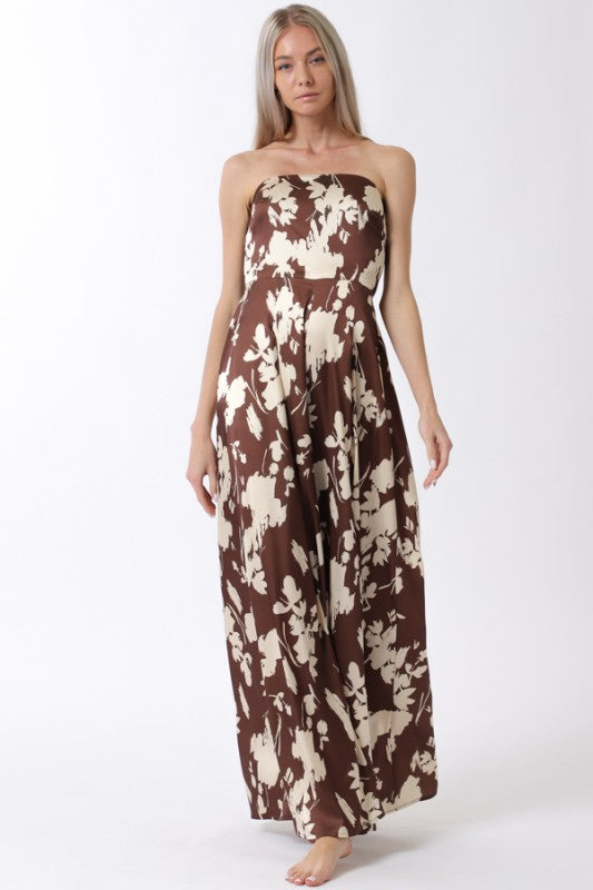 Sleeveless Back Tie Floral Print Wide Leg Jumpsuit Brown