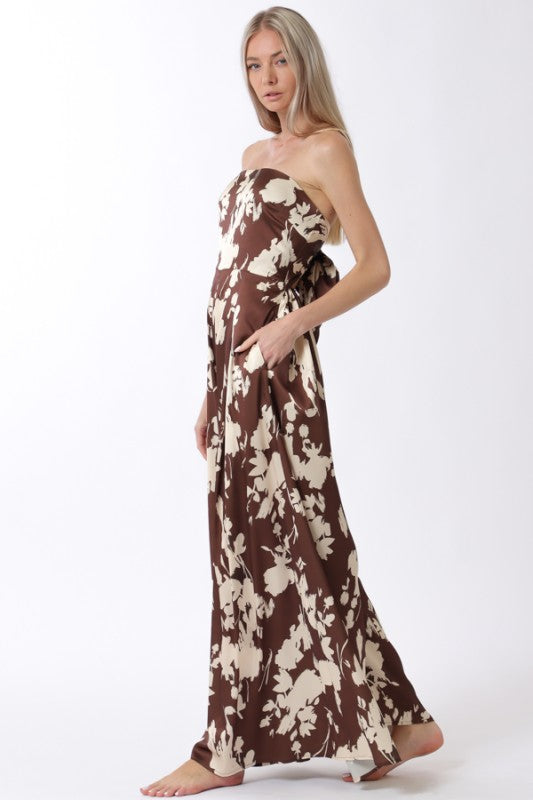 Sleeveless Back Tie Floral Print Wide Leg Jumpsuit Brown