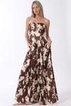 Sleeveless Back Tie Floral Print Wide Leg Jumpsuit Brown