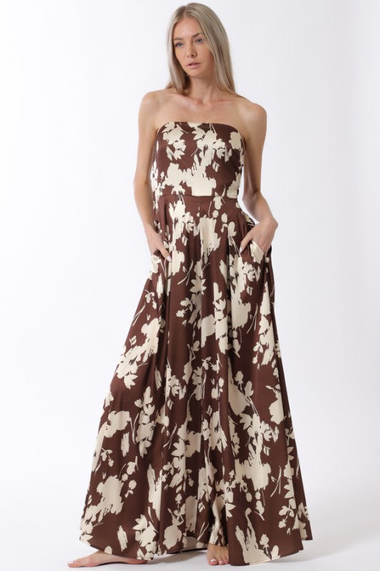 Sleeveless Back Tie Floral Print Wide Leg Jumpsuit Brown