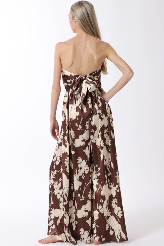 Sleeveless Back Tie Floral Print Wide Leg Jumpsuit Brown
