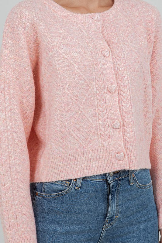 Long Sleeve Heart Button Down Knit Cardigan Pink
