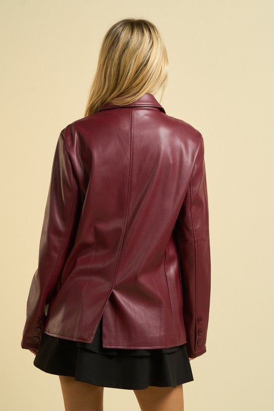 Long Sleeve Vegan Leather Jacket Burgundy