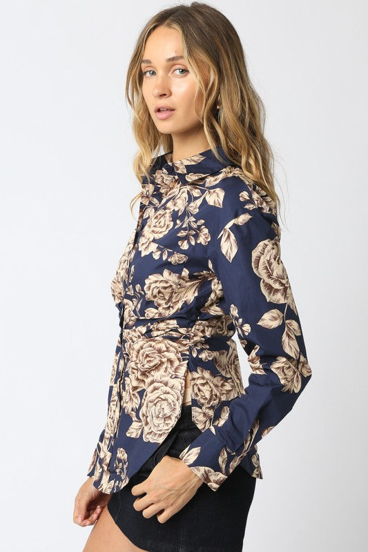 Long Sleeve Button Down Floral Print Top Blue