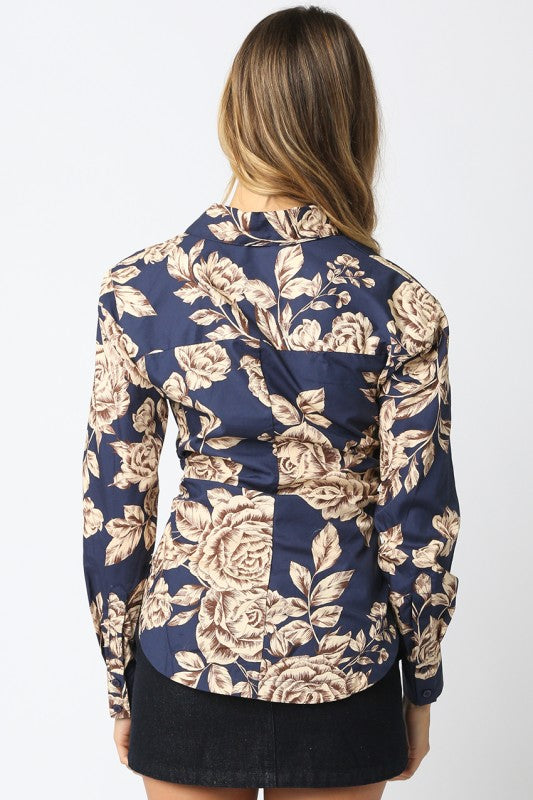 Long Sleeve Button Down Floral Print Top Blue