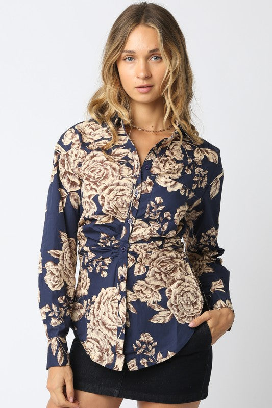 Long Sleeve Button Down Floral Print Top Blue