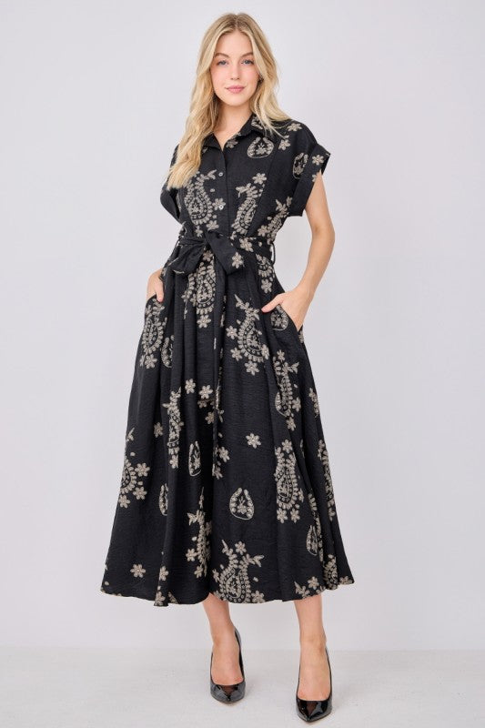 Short Sleeve Waist Tie Abstract Print Maxi Dress Black