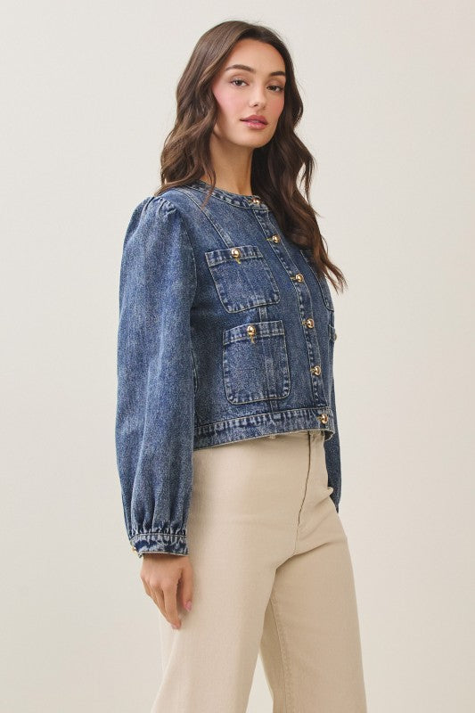 Long Puff Sleeve Denim Jacket Dark Wash