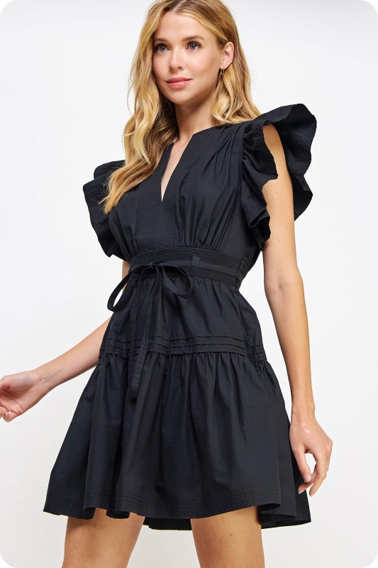 Flutter Sleeve Waist Tie Poplin Mini Dress Black