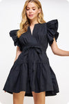 Flutter Sleeve Waist Tie Poplin Mini Dress Black