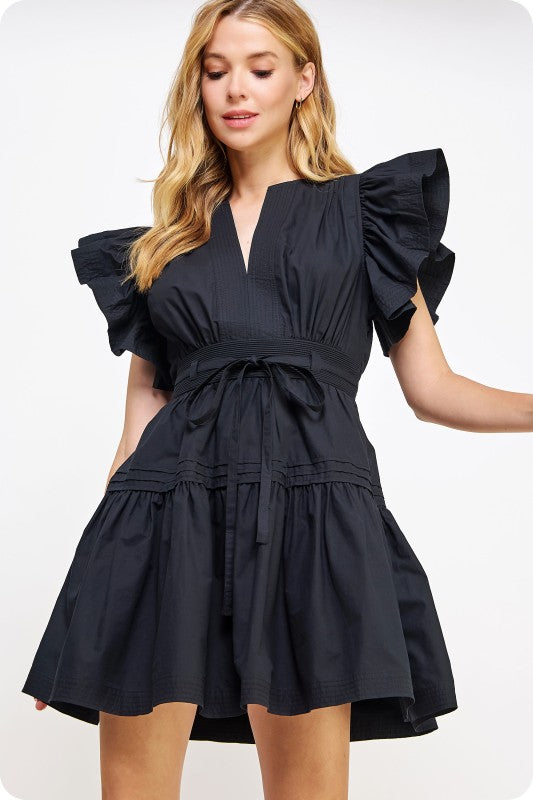 Flutter Sleeve Waist Tie Poplin Mini Dress Black