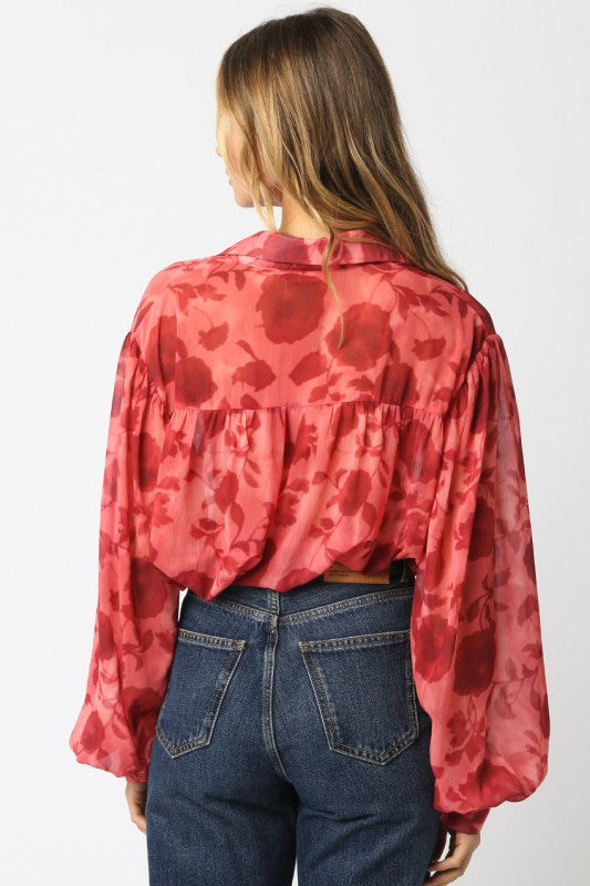  Long Sleeve Button Down Floral Print Top Red