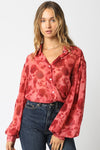  Long Sleeve Button Down Floral Print Top Red