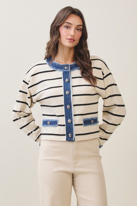 Long Sleeve Button Down Denim Trim Stripe Print Knit Cardigan Cream