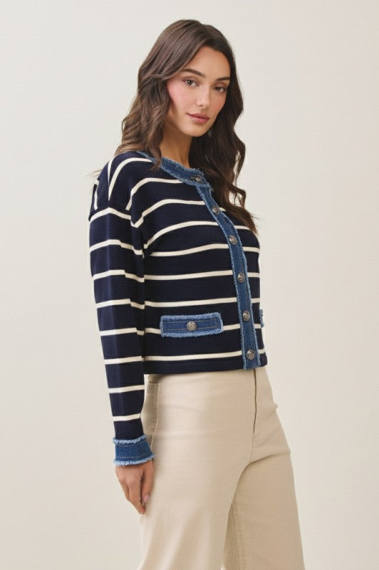 Long Sleeve Button Down Denim Trim Stripe Print Knit Cardigan Navy