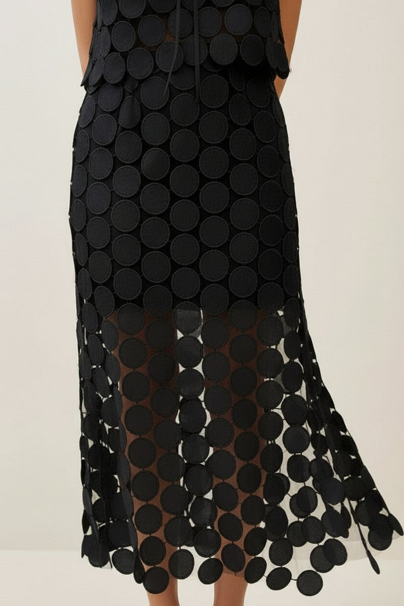 High Waist Circle Crochet Midi Skirt Black