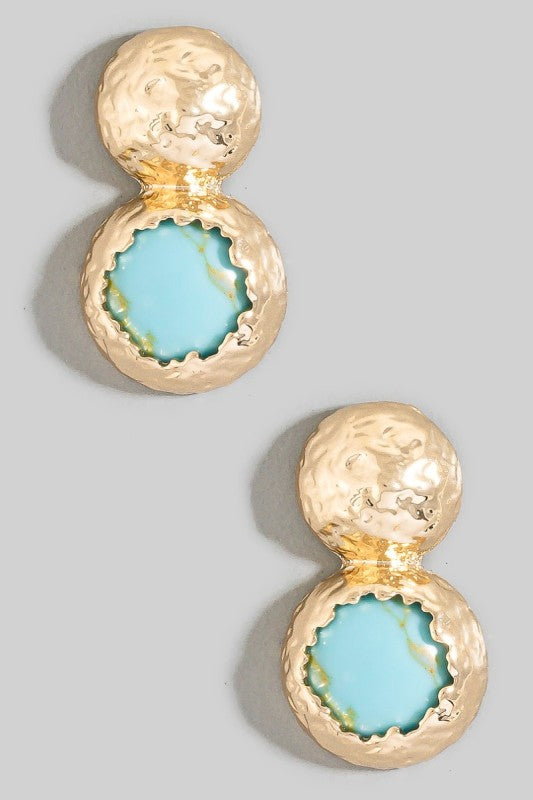 Hammered Stone Stud Earrings Gold Turquoise