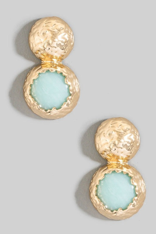 Hammered Stone Stud Earrings Gold Blue