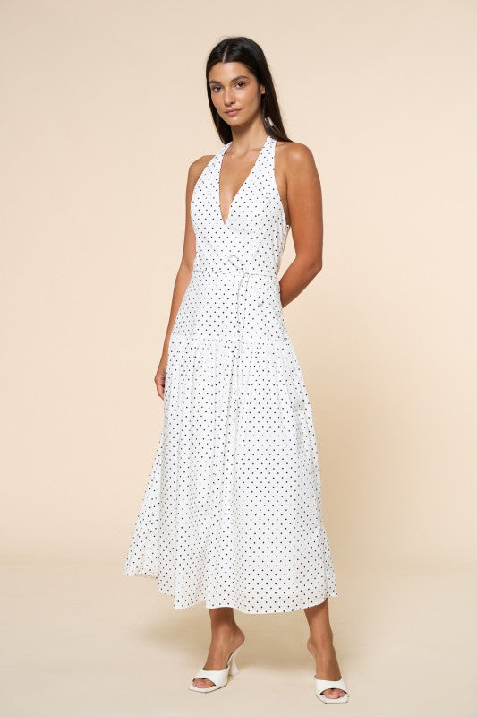 Rebel Sleeveless Halter Polka Dot Print Maxi Dress White