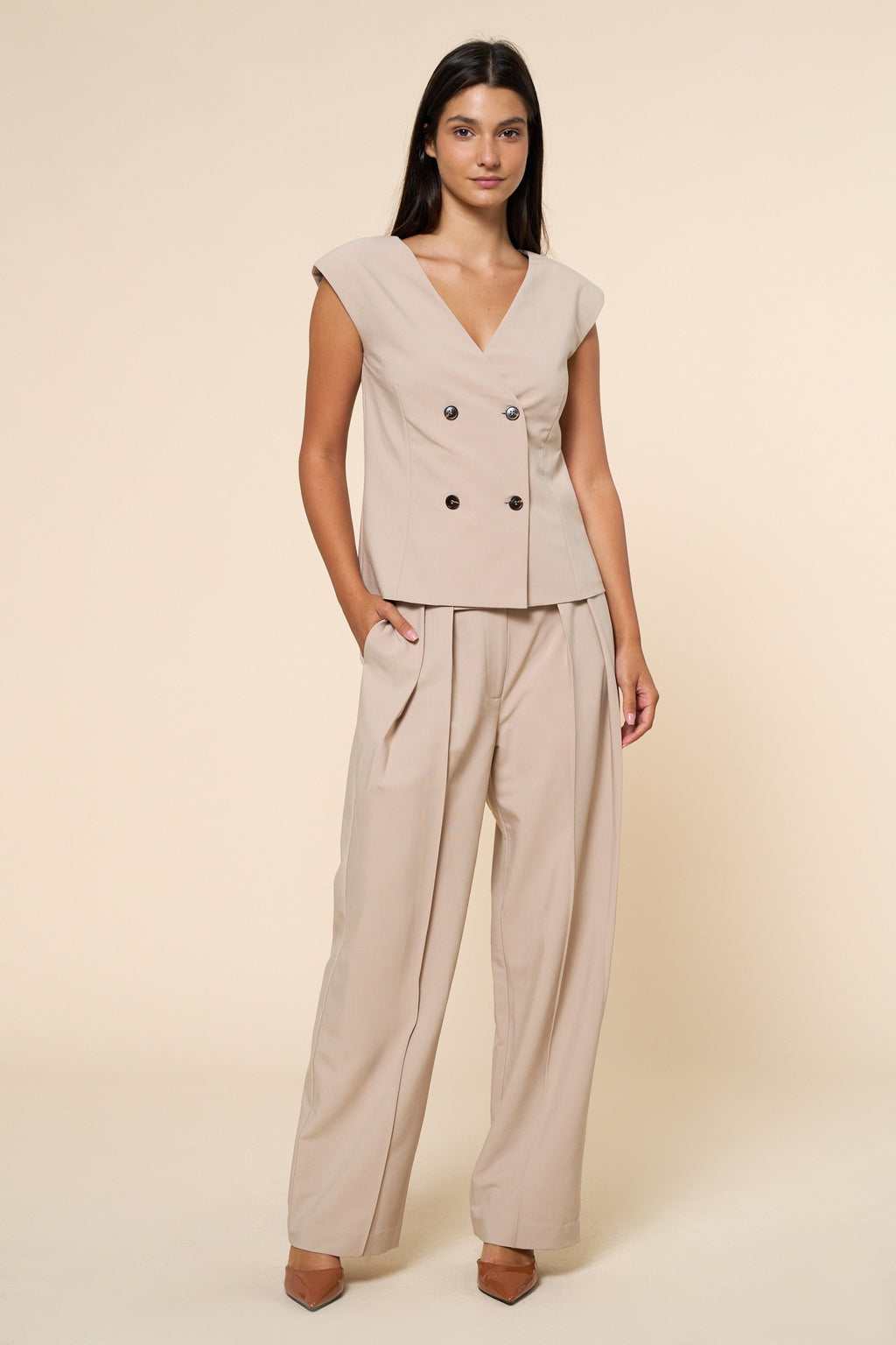 Short Cap Sleeve Button Down Double Breasted Top Taupe