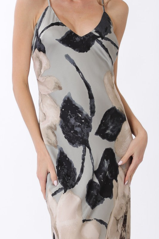 Sleeveless Floral Print Slip Maxi Dress Grey