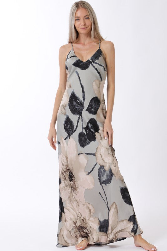 Sleeveless Floral Print Slip Maxi Dress Grey