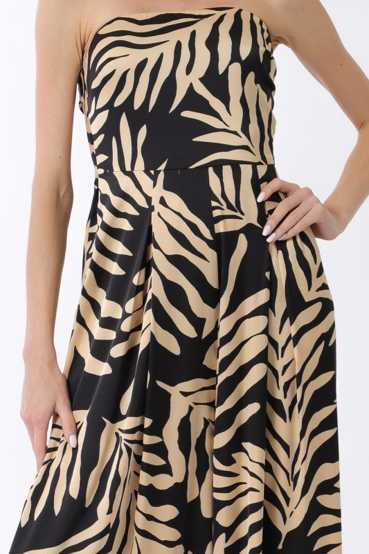 Sleeveless Back Tie Tropical Print Wide Leg Jumpsuit Black